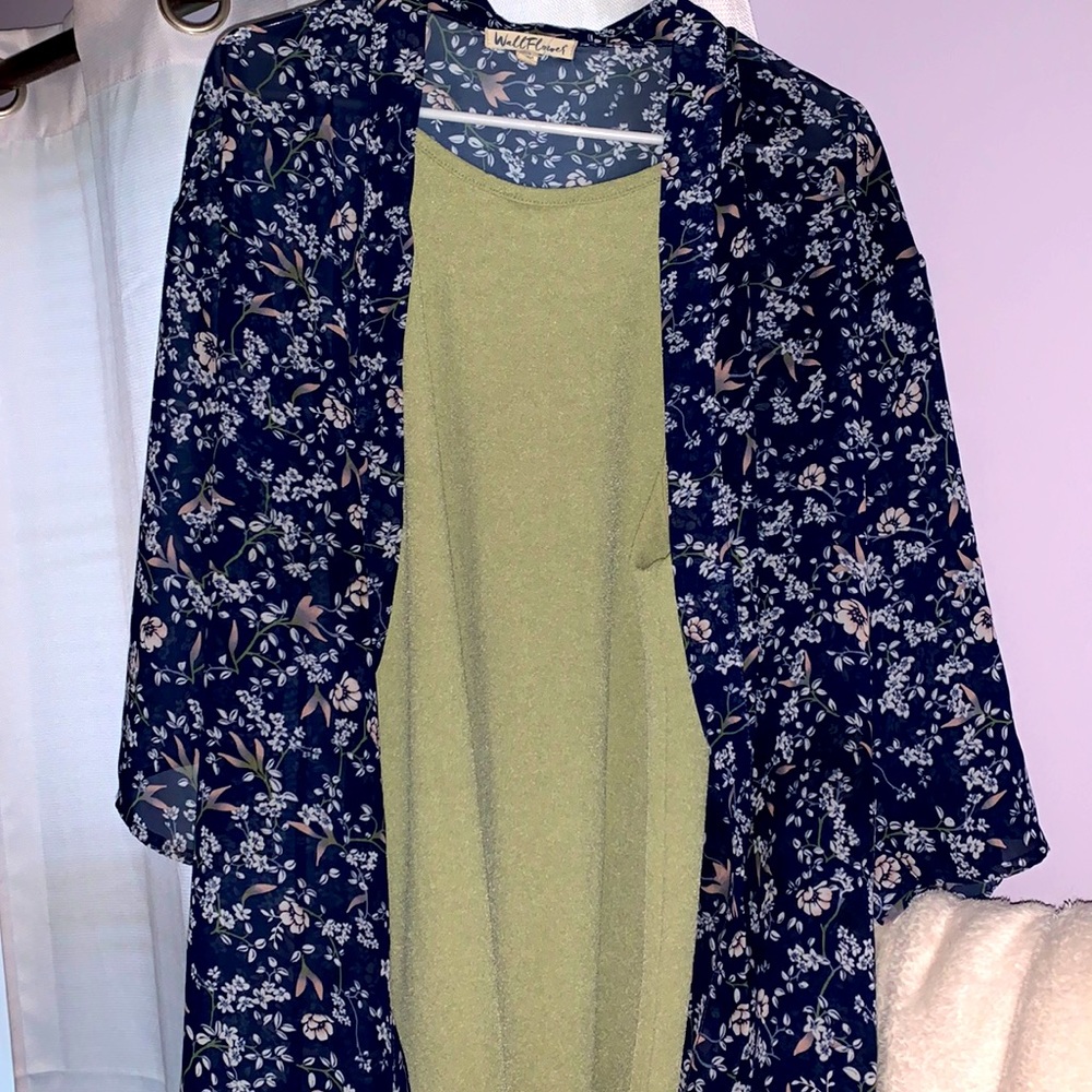 Green Dress with Sheer blue floral cardigan